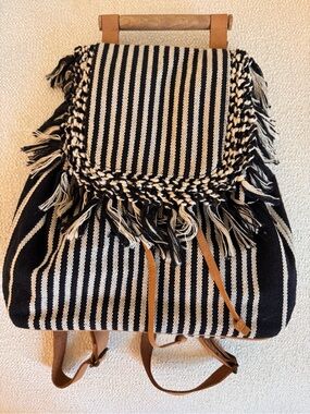 Cost Plus World Market Black & Cream Striped Woven Backpack with Fringe